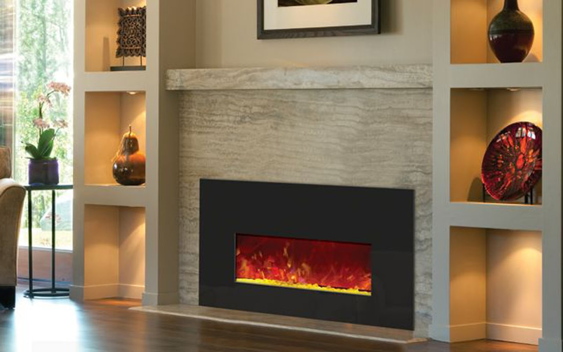 Gas fireplace insert with black face trim in living room